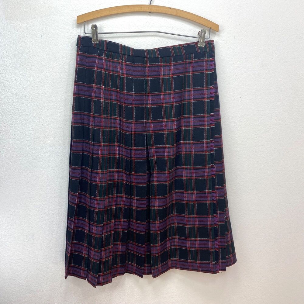 Vintage Givenchy Pleated Wrap Wool Skirt Large Black Purple Red Preppy Academia